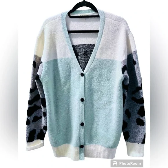 Amoli Funky Women’s Cardigan Blue, Blsck, White Size Large Tiger Print - Picture 1 of 7